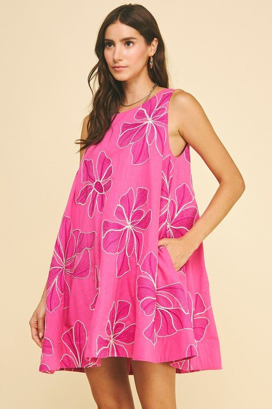 Floral Embroidered a-Line Mini Dress--Hot Pink