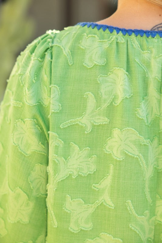 EMBROIDERY TEXTURED FLORAL TOP--GREEN