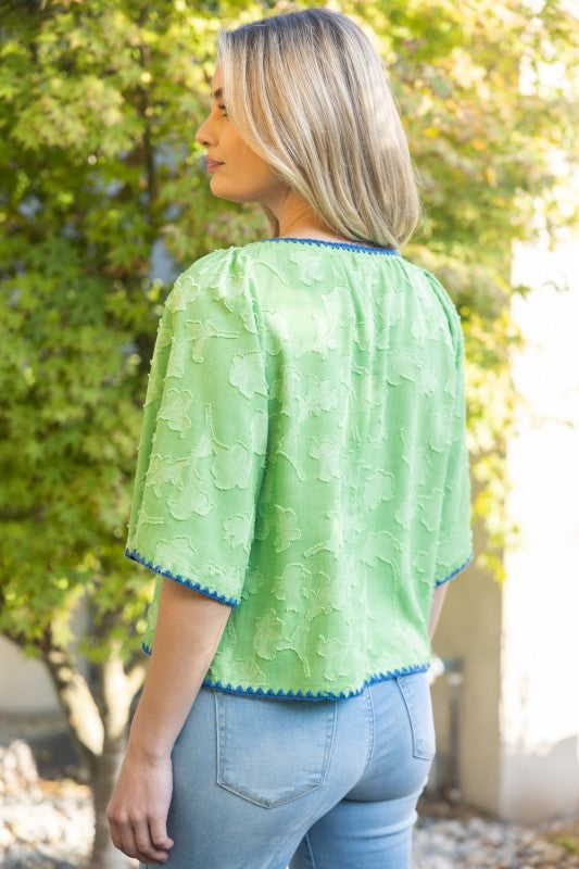 EMBROIDERY TEXTURED FLORAL TOP--GREEN