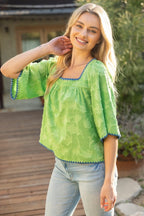 EMBROIDERY TEXTURED FLORAL TOP--GREEN