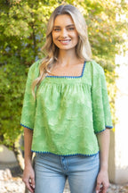 EMBROIDERY TEXTURED FLORAL TOP--GREEN
