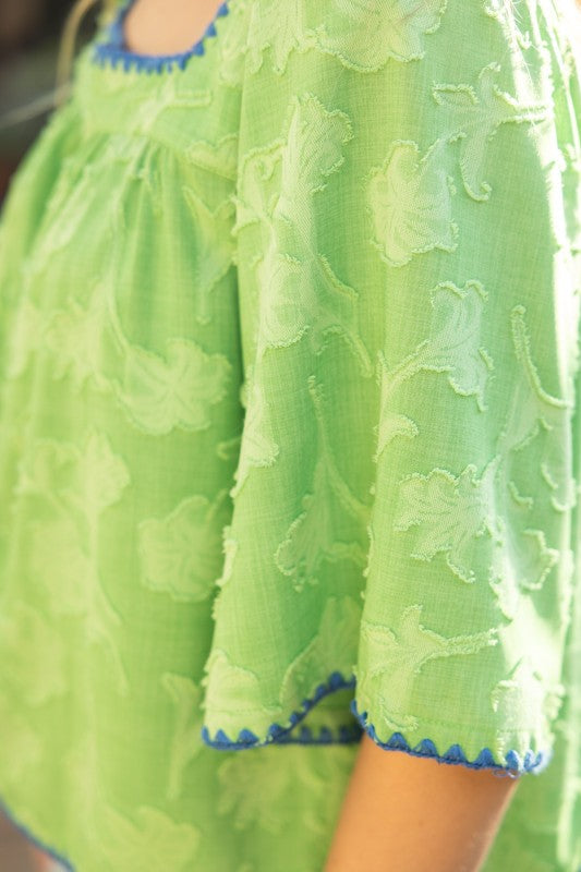 EMBROIDERY TEXTURED FLORAL TOP--GREEN