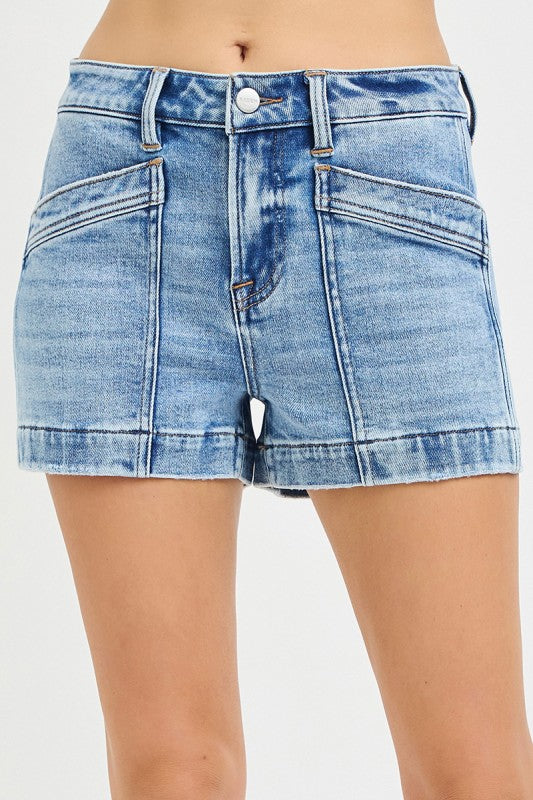 RISEN HIGH RISE POCKET DETAIL SHORTS--LIGHT WASH