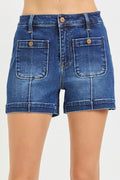 RISEN HIGH RISE PATCH POCKET SHORTS--DARK WASH