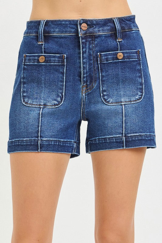 RISEN HIGH RISE PATCH POCKET SHORTS--DARK WASH