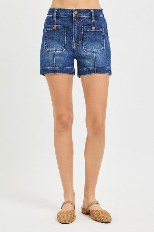RISEN HIGH RISE PATCH POCKET SHORTS--DARK WASH