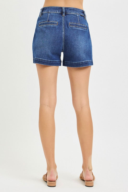 RISEN HIGH RISE PATCH POCKET SHORTS--DARK WASH