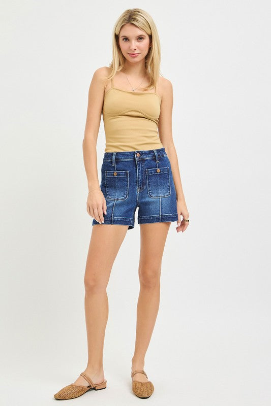 RISEN HIGH RISE PATCH POCKET SHORTS--DARK WASH