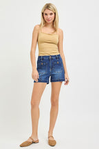 RISEN HIGH RISE PATCH POCKET SHORTS--DARK WASH