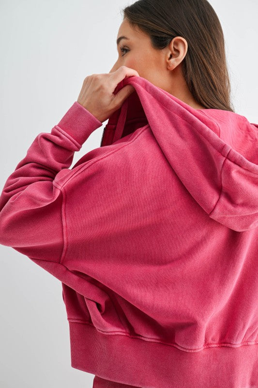 MINERAL WASH HOODIE--HOT PINK
