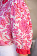 FLORAL CONTRAST RUFFLE DETAILED TOP--PINK
