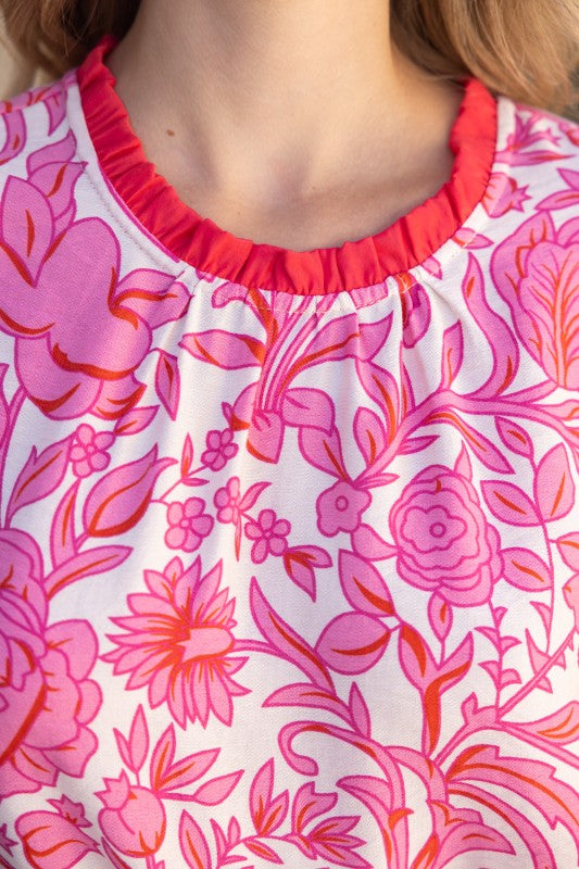 FLORAL CONTRAST RUFFLE DETAILED TOP--PINK