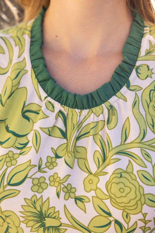 FLORAL CONTRAST RUFFLE DETAIL TOP--GREEN