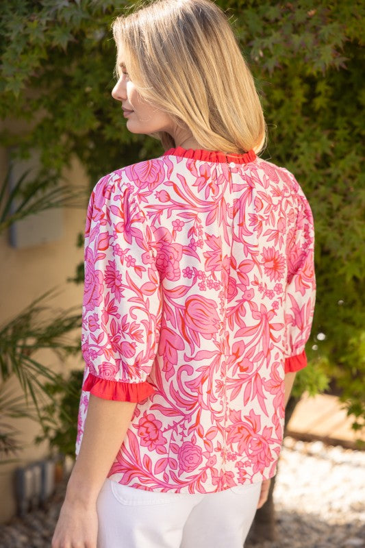 FLORAL CONTRAST RUFFLE DETAILED TOP--PINK