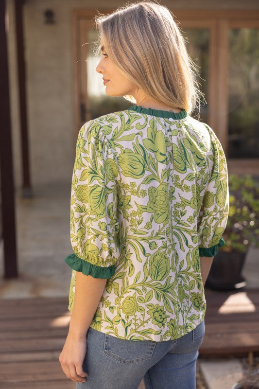 FLORAL CONTRAST RUFFLE DETAIL TOP--GREEN