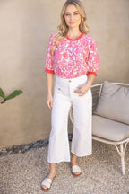 FLORAL CONTRAST RUFFLE DETAILED TOP--PINK