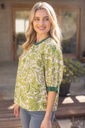 FLORAL CONTRAST RUFFLE DETAIL TOP--GREEN