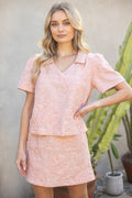 V-NECK COLLARED PAISLEY EMBROIDERED TOP--PINK