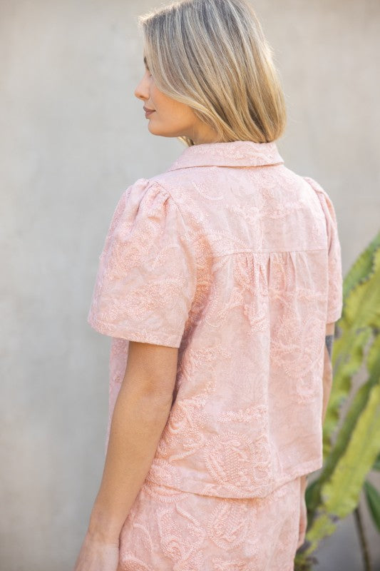 V-NECK COLLARED PAISLEY EMBROIDERED TOP--PINK