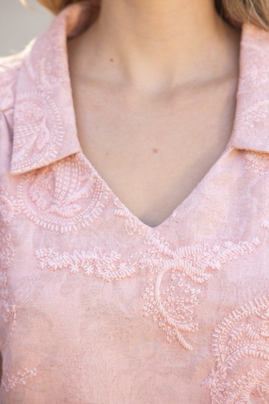 V-NECK COLLARED PAISLEY EMBROIDERED TOP--PINK