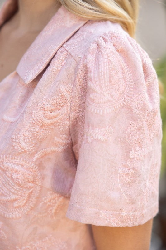 V-NECK COLLARED PAISLEY EMBROIDERED TOP--PINK