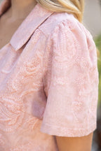 V-NECK COLLARED PAISLEY EMBROIDERED TOP--PINK