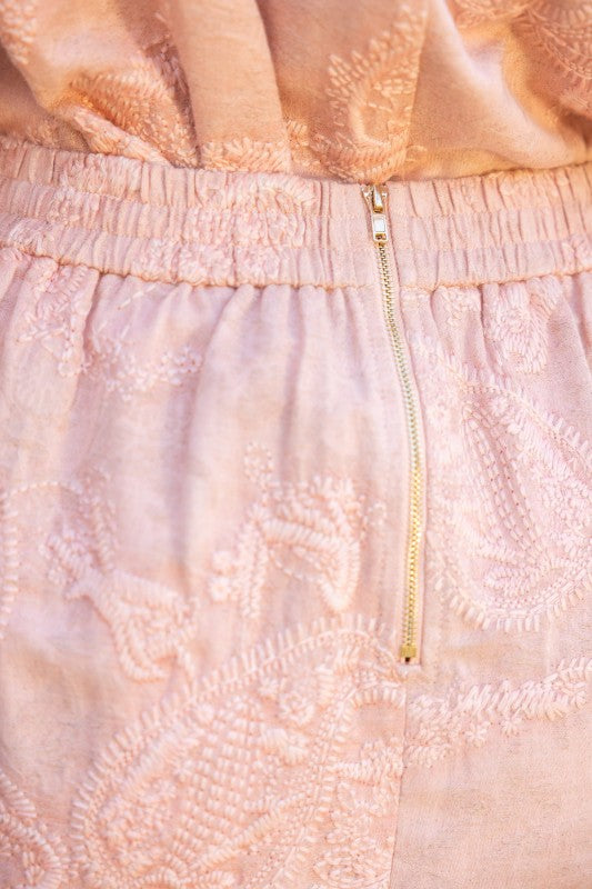 ELASTIC WAIST PAISLEY EMBROIDERED SKIRT--PINK