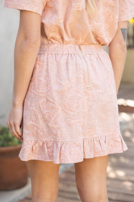 ELASTIC WAIST PAISLEY EMBROIDERED SKIRT--PINK