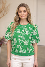 FLORAL EMBROIDERED SHORT BUBBLE SLEEVE TOP--GREEN