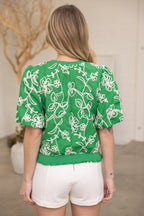 FLORAL EMBROIDERED SHORT BUBBLE SLEEVE TOP--GREEN