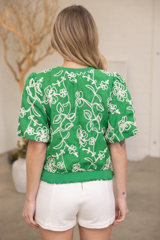 FLORAL EMBROIDERED SHORT BUBBLE SLEEVE TOP--GREEN