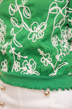 FLORAL EMBROIDERED SHORT BUBBLE SLEEVE TOP--GREEN