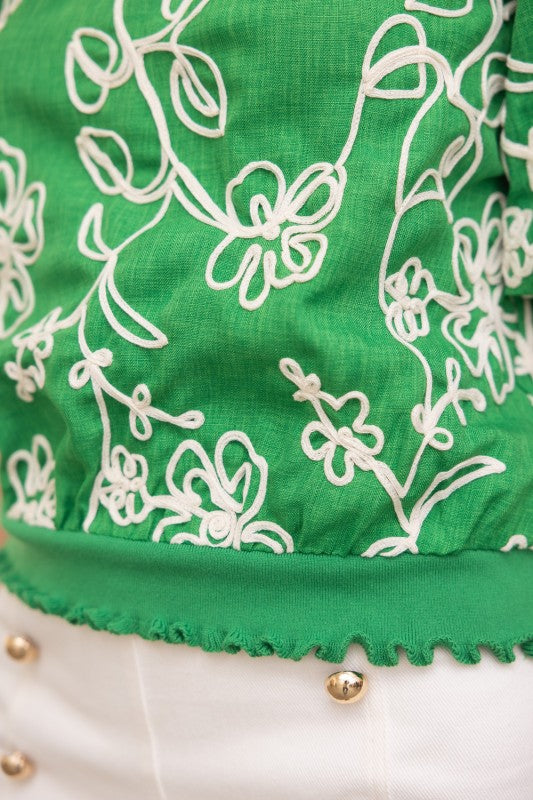 FLORAL EMBROIDERED SHORT BUBBLE SLEEVE TOP--GREEN