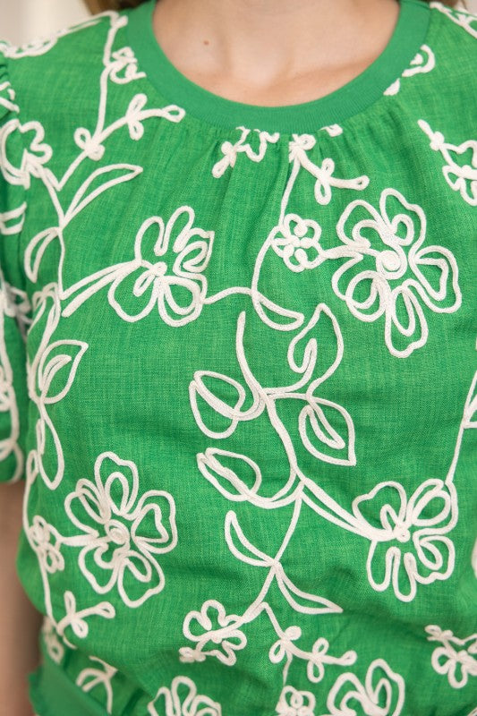 FLORAL EMBROIDERED SHORT BUBBLE SLEEVE TOP--GREEN
