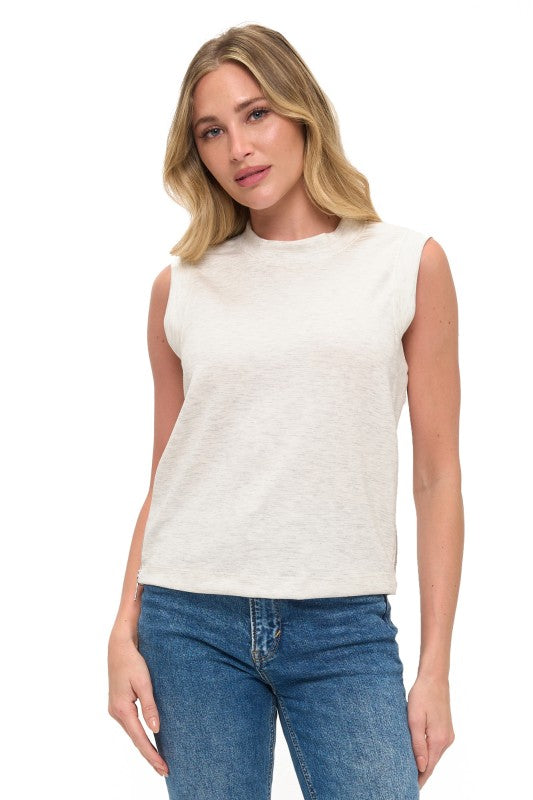 SCUBA ZIPPER DETAIL SLEEVELESS TOP--HEATHER