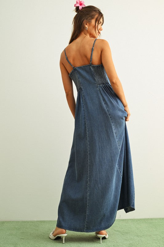 BUTTON FRONT TENCEL MAXI DRESS--DENIM
