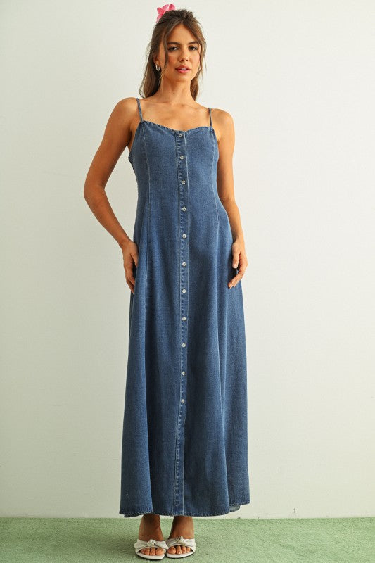 BUTTON FRONT TENCEL MAXI DRESS--DENIM