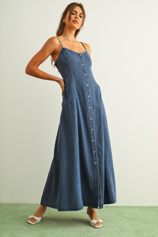 BUTTON FRONT TENCEL MAXI DRESS--DENIM