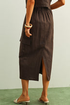 CARGO POCKET LINEN SKIRT--ESPRESSO