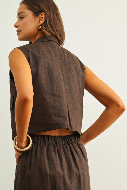 SLEEVELESS LINEN CARGO VEST--ESPRESSO
