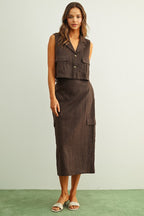 CARGO POCKET LINEN SKIRT--ESPRESSO