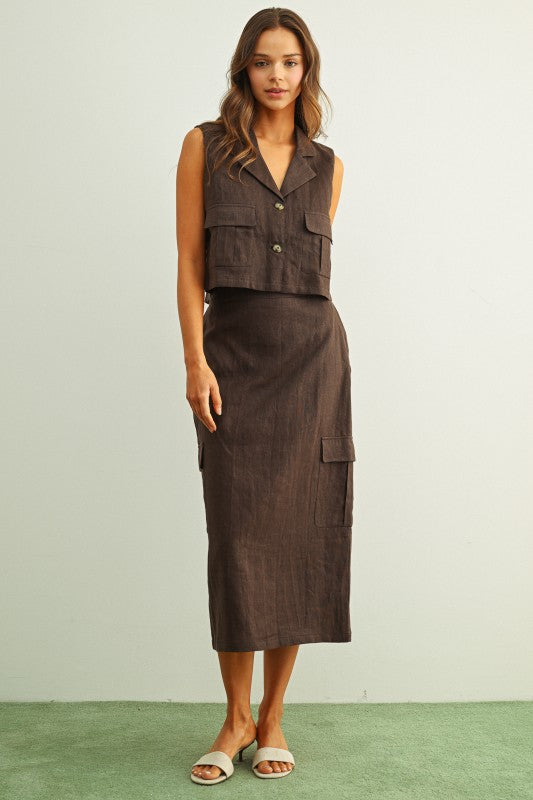 CARGO POCKET LINEN SKIRT--ESPRESSO