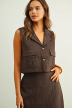 SLEEVELESS LINEN CARGO VEST--ESPRESSO
