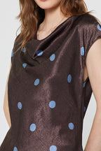 POLKA DOT COWL NECK CAP SLEEVE TOP--BROWN/BLUE MIX