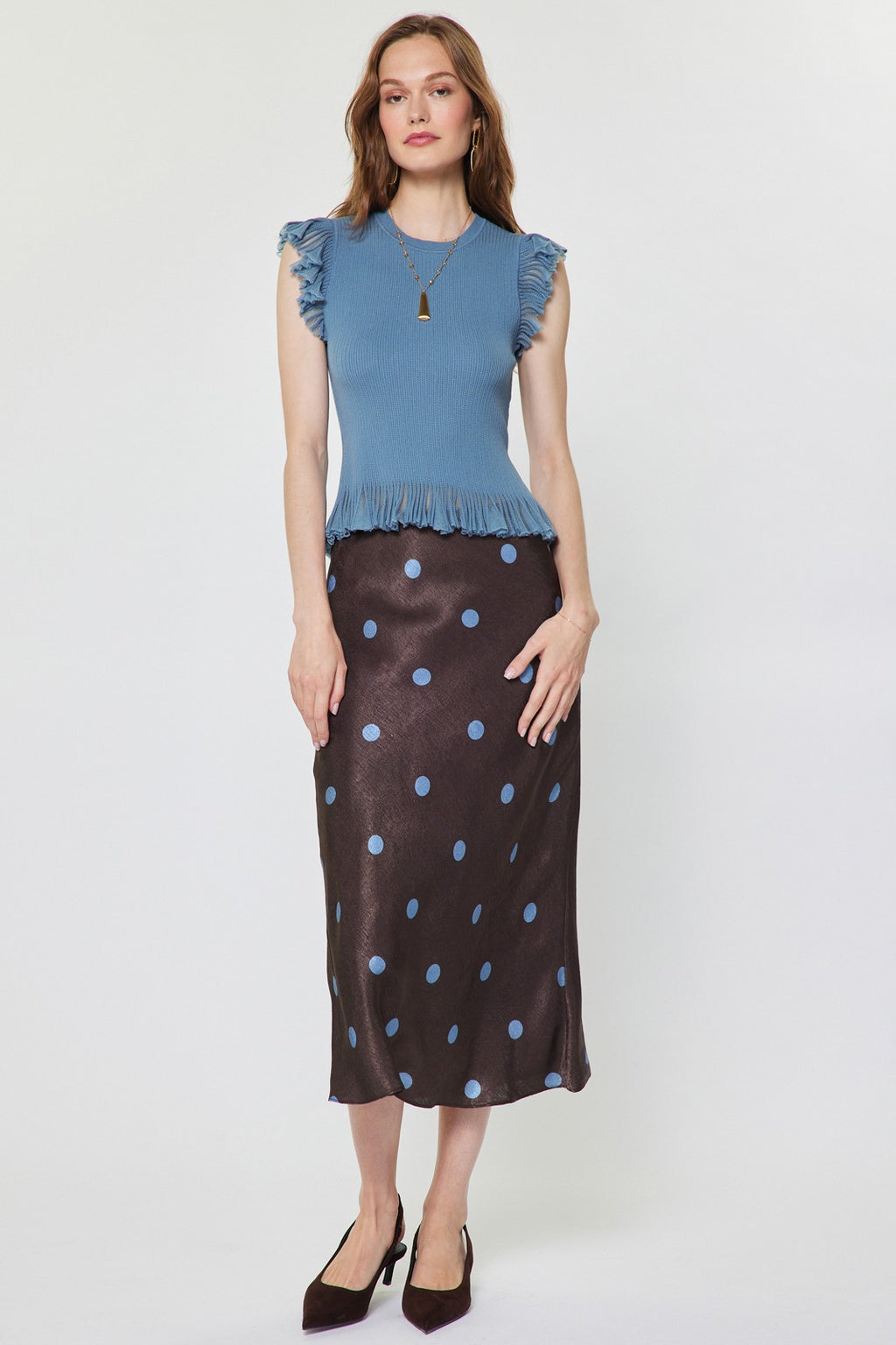 POLKA DOT ELASTICIZED WAIST MIDI SKIRT--BROWN/BLUE