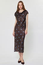POLKA DOT COWL NECK CAP SLEEVE TOP--BROWN/BLUE MIX