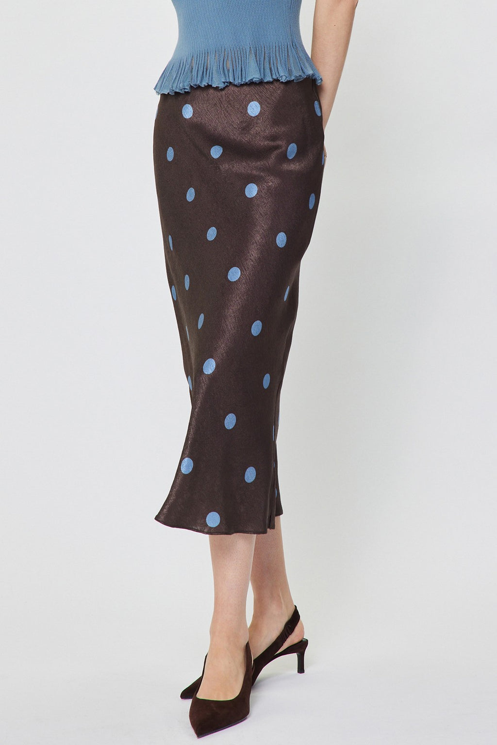 POLKA DOT ELASTICIZED WAIST MIDI SKIRT--BROWN/BLUE
