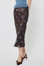 POLKA DOT ELASTICIZED WAIST MIDI SKIRT--BROWN/BLUE