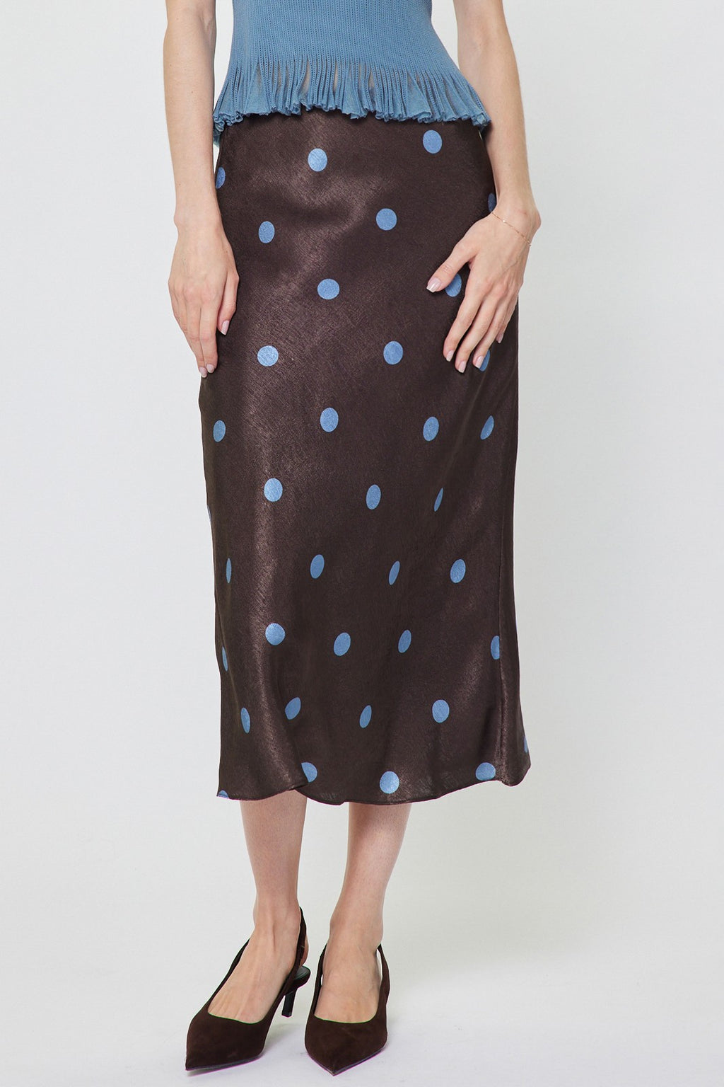 POLKA DOT ELASTICIZED WAIST MIDI SKIRT--BROWN/BLUE
