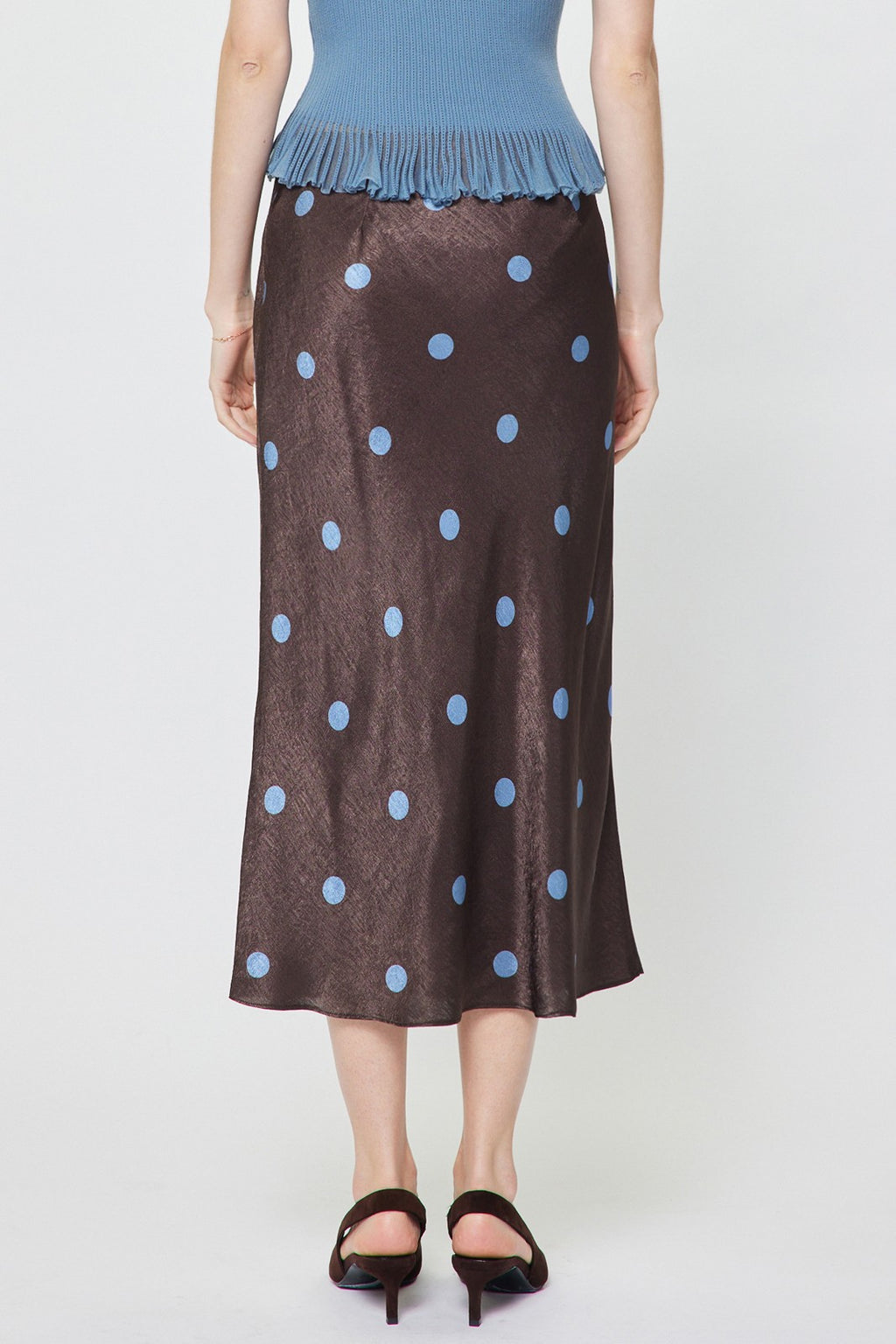 POLKA DOT ELASTICIZED WAIST MIDI SKIRT--BROWN/BLUE
